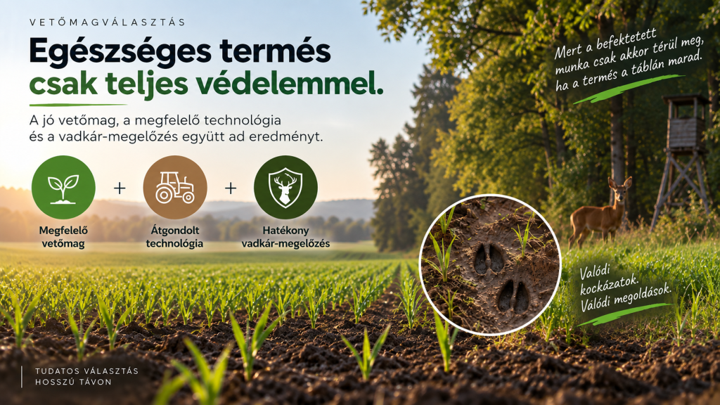 Erdőszéli szántóföld őzzel és vadnyomokkal, a vetés előtti vadkár-megelőzés szemléltetésére